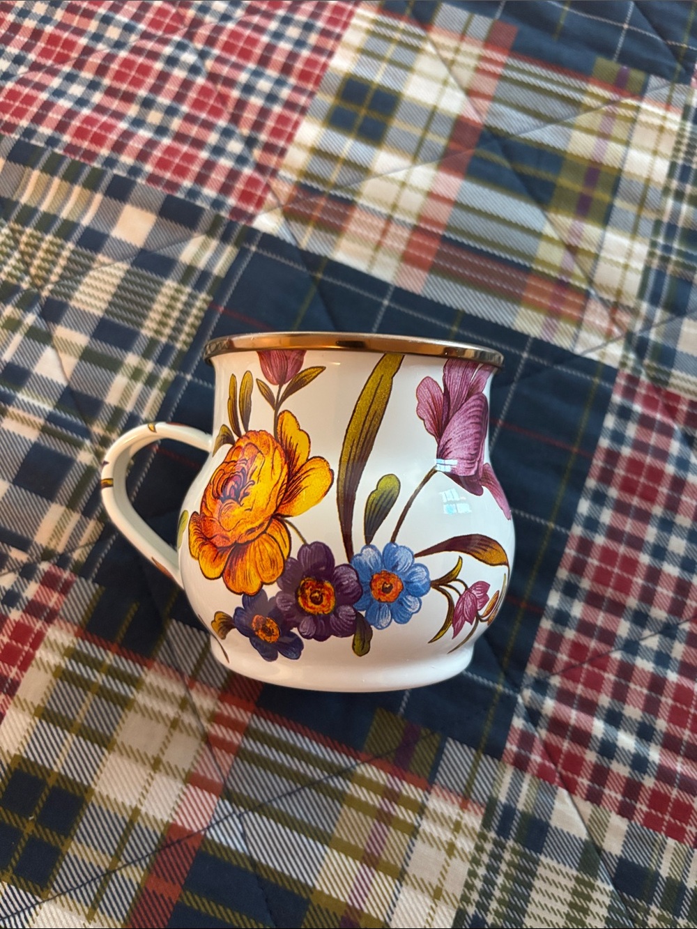 MacKenzie-Childs Floral Mug with Gold Rim - White, Yellow, Purple, Blue